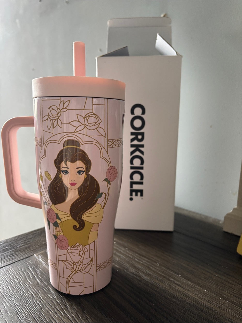 Corkcicle Pink Belle Ceramic-Style Travel Mug with Handle and Straw